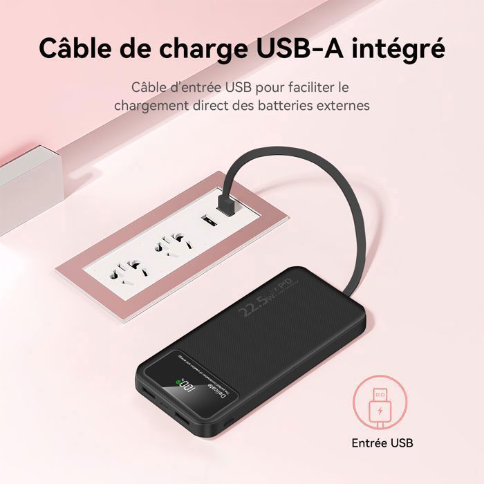 Batterie Externe Noire 20000mAh avec 4 Câbles Intégrés, 6 Sorties, 3 Entrées et Affichage LED, Power Bank Portable