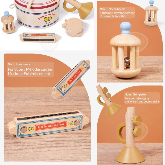 C Musical Instruments, juego de batería de 5 piezas con armónica y castañuelas, instrumentos musicales sensoriales para niños de 3 años en adelante.