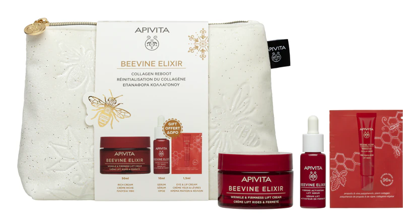 Apivita Beevine Elixir -lahjapussi (jossa on täyteläinen voide) ihoa kiinteyttävä lomalahjasetti