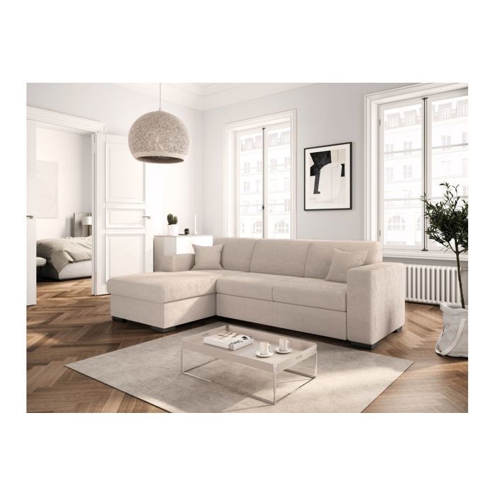 FUJI XL 4-seater left-hand corner sofa bed with storage in corduroy - Beige - W262 x D157 x H83cm - LOUNGITUDE
