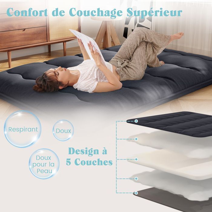 Colchón futón COSTWAY de 140 x 200 cm, con sobrecolchón extraíble y lavable, colchón portátil para suelo con bolsa de transporte para camping, color negro.