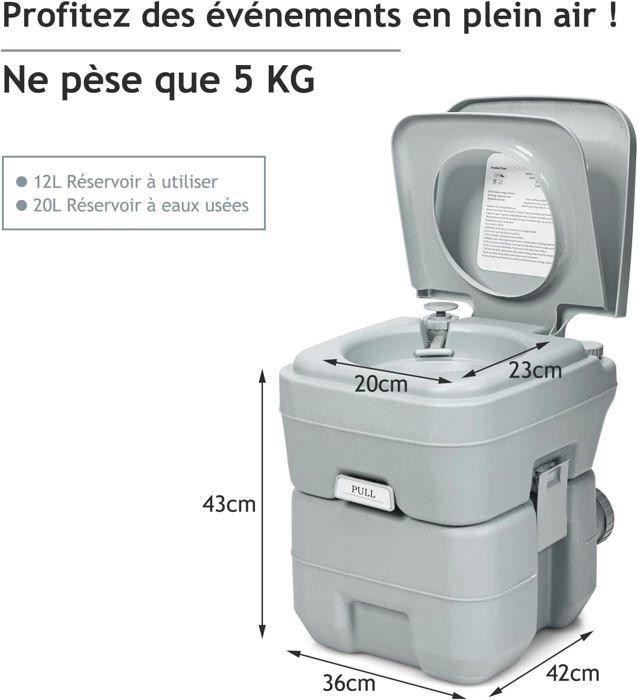 Vaso sanitário portátil para camping GYMAX 20L, com tanque removível, leve e portátil, com alça ergonômica (cinza)