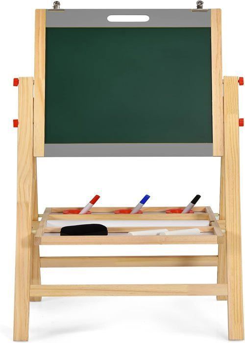 GOPLUS Chevalet Enfant Pliable,Tableau Double Face Noir/Blanc,Hauteur Réglable à 5 Niveaux,Accessoires Complets,en Bois de Pin,Gris