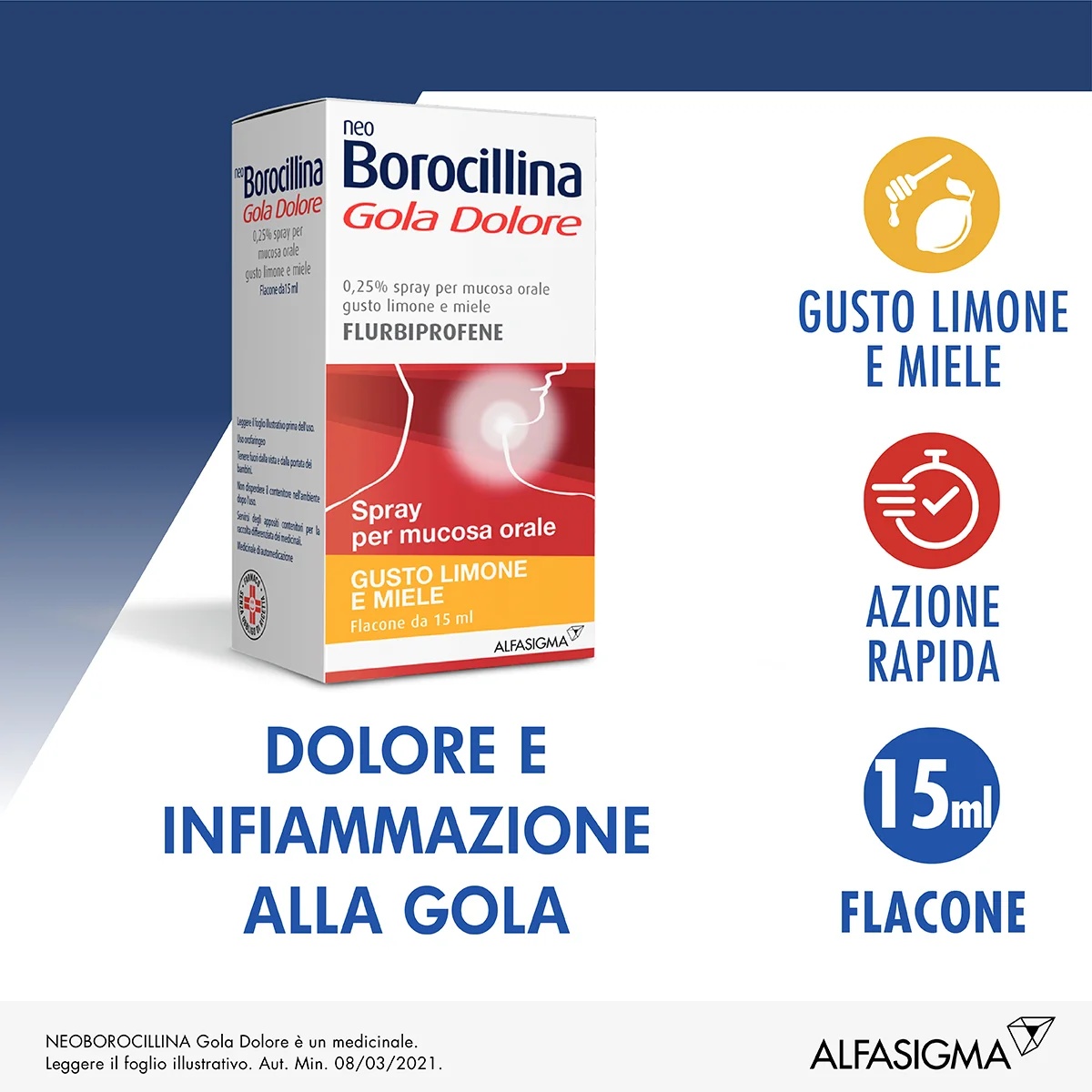 NEOBOROCILLINA Neo Borocillina Halsspray 0,25 % Zitrone und Honig 15 ml Flurbiprofen