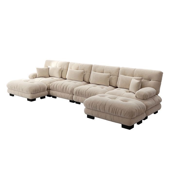 Sofá esquinero, sofá modular en forma de U - 4 plazas + 1 otomana de chenilla extraíble, color café claro