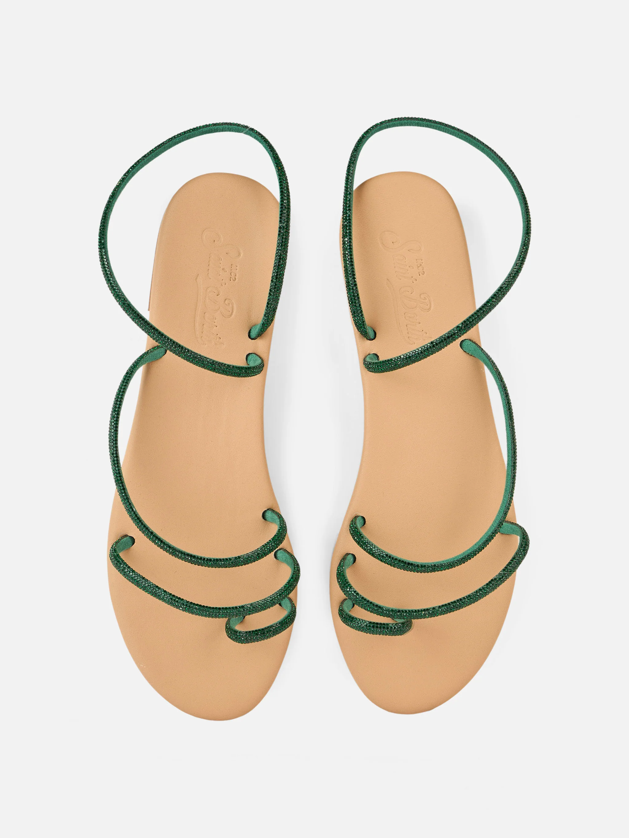 Grüne Strass-Sandalen mit flachem Ring