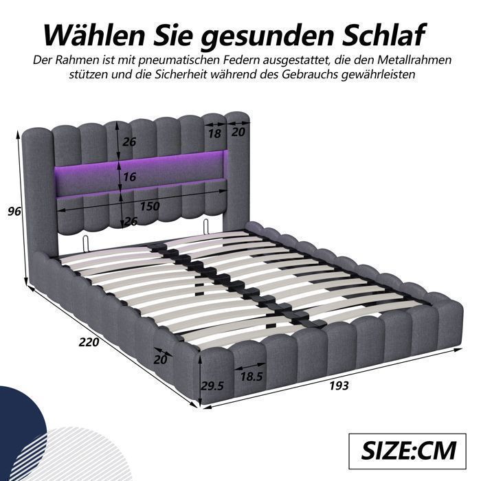 Lit coffre 180x200cm Lit double 2 personnes Matériau en lin, avec chargement USB Type-C et éclairage LED,rangement hydraulique,gris