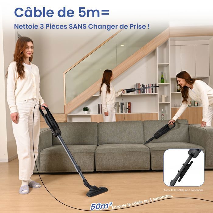 VersLife C8PRO-Aspirateur Balai avec Fil 3 en 1,  600W/30KPa-0.9L, 5m Long Câble-Bouton de pied pour changer le mode tapis