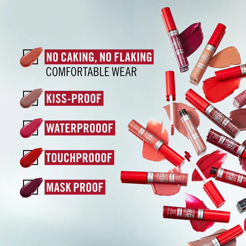 Rimmel Lasting Mega Matte lichtgewicht matte vloeibare lippenstift, blijft 16 uur zitten.