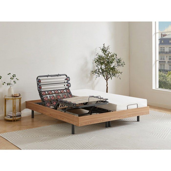 Base de cama eléctrica de relajación con lamas decorativas y 2 x 25 muelles - 2 x 80 x 200 cm - Roble natural - CISERANO de YSMÉE