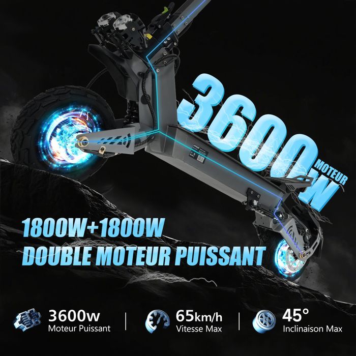 Patinete elétrico de 3600 W para adultos, velocidade máxima de 65 km/h, autonomia de 90 km, pneus todo-terreno de 10 polegadas, bateria de 26 Ah, patinete dobrável, tempo de carregamento de 6 a 8 horas.