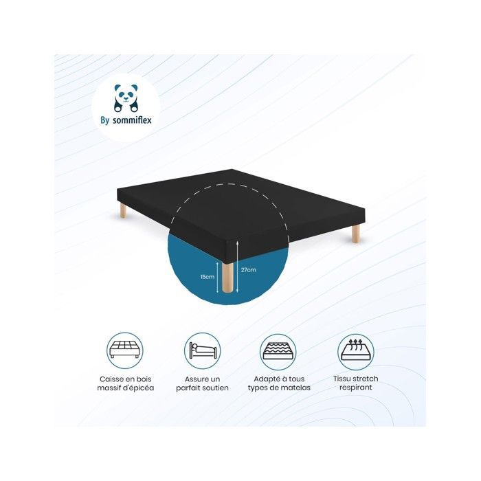 Base de cama tapizada en negro de 120x190 cm | Hecha a mano en Francia | Patas incluidas | Altura con patas: 27 cm - som120x190noir
