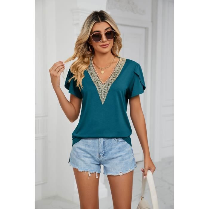 T-shirt Femme Col V dentelle Manches courtes - INSFITY - Bleu vert