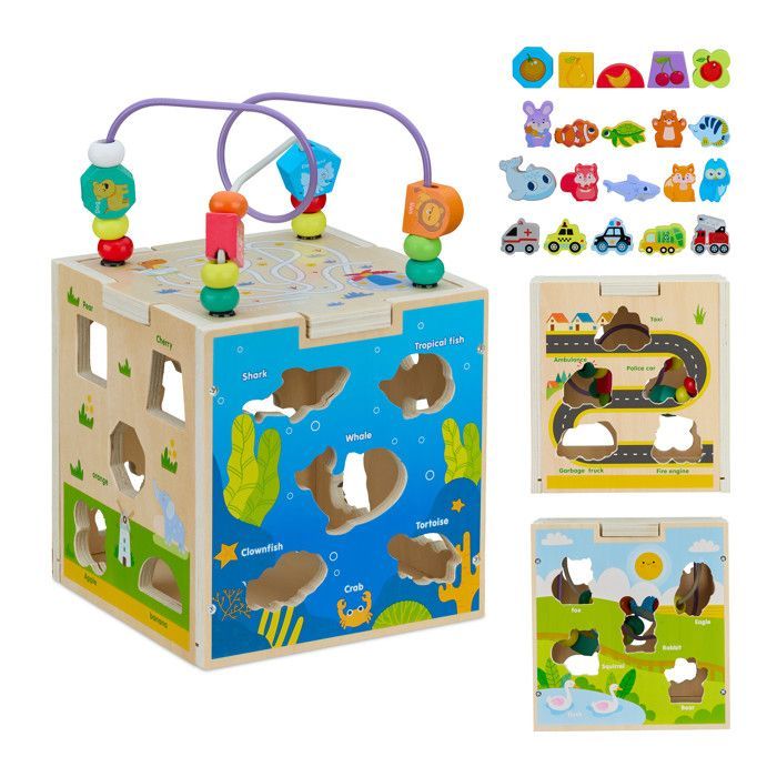 Cubo de actividades de madera Relaxdays, diseño B, para niños de 3 años en adelante, con circuito de habilidades motrices, multicolor.