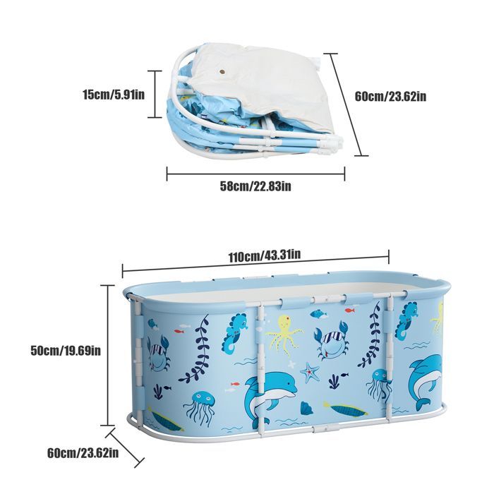 Baignoire Pliable Adulte Enfant 110x60x50cm Piscine Bébé Conservation de la Chaleur Bain Glacé Bleu Clair