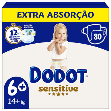 Dodot Sensitive 14 kg, 6 dydžio kūdikių sauskelnės su apsauga nuo pratekėjimo, 80 vnt. 80 vnt.