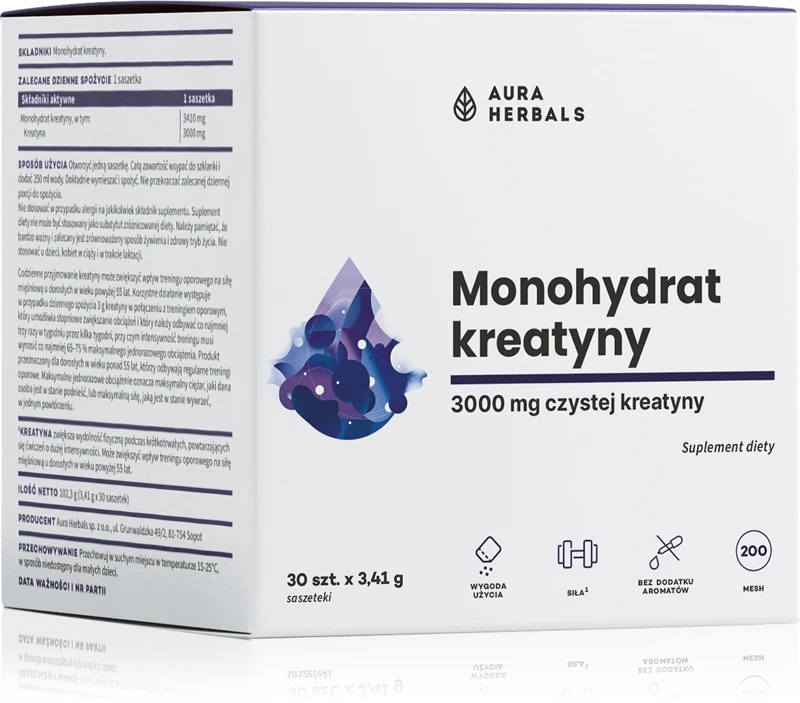 Aura Herbals kreatīna monohidrāta uztura bagātinātāja paciņas muskuļu masas palielināšanai
