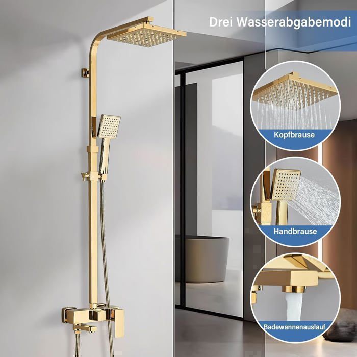 Goldene Duschsäule, Duschsystem, Duschset, Wandbrause-Set, höhenverstellbar 750–1100 mm mit Handbrause