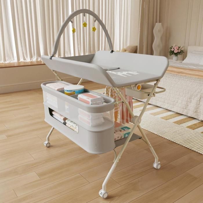 MIPAN 2-in-1 Faltbarer Wickeltisch – Höhenverstellbar (83–91 cm) – Mit 4 Rollen + Aufbewahrungstasche + Spielbogen – Grau
