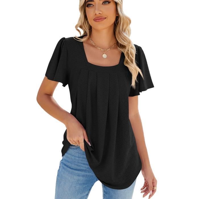 T-Shirt Femme À Manches Courtes Été Col Carré Casual Tee Shirt Tops Lache Couleur Unie Confortable - Taille EU - Noir