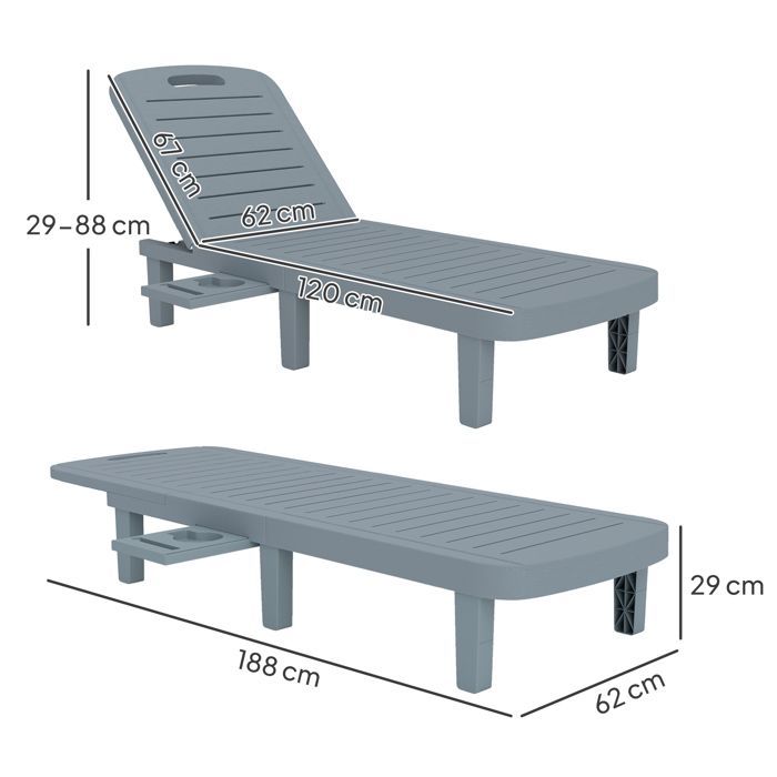 Set di 2 lettini prendisole - Outsunny - reclinabili - con piattaforme retrattili - superficie effetto legno - 62 x 158 x 88 cm - grigio