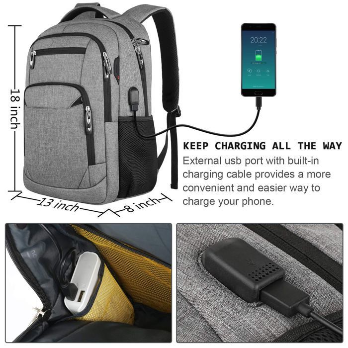 Mochila técnica impermeable de 17,3 pulgadas, gran capacidad de almacenamiento, con puerto USB - Gris