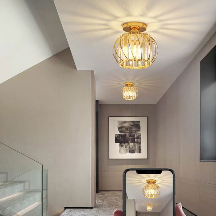 WOTTES Plafonnier en Cristal Moderne E27 LED, Plafonnier Mini Lustre en Cristal pour Cuisine Couloir Entrée, 1PCS Ø18CM Or