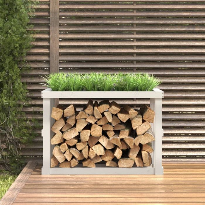 vidaXL Leñero de exterior blanco 108x52x74 cm Madera maciza de pino 822632