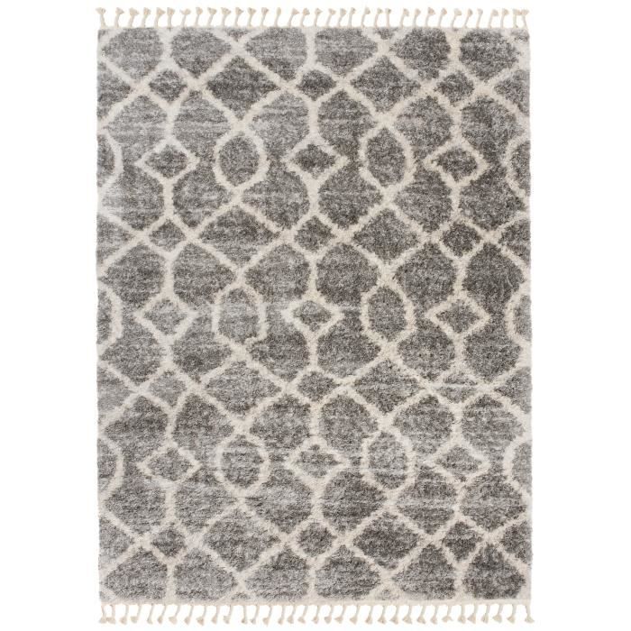 TAPISO Tapis Salon Poils Longs VERSAY Gris Foncé Crème Berbère Polypropylène Intérieur 200x300 cm