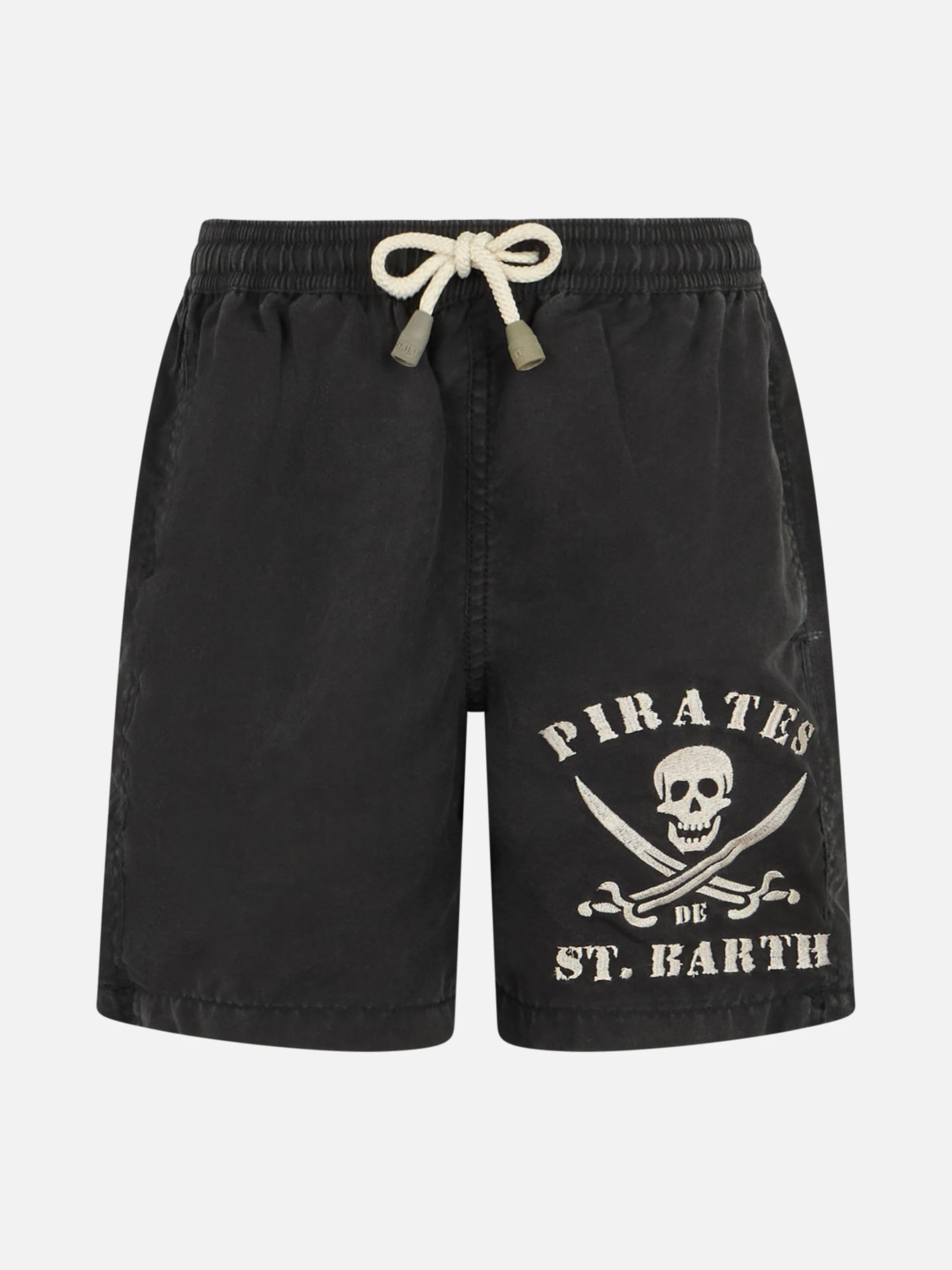 Klassiek zwart zwempak voor jongens met piratenborduurwerk