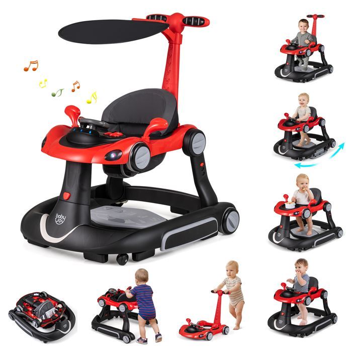 Girello convertibile 7 in 1 COSTWAY - Altezza/velocità regolabili - Luci e musica - Sedile rimovibile e antiribaltamento - Nero e rosso