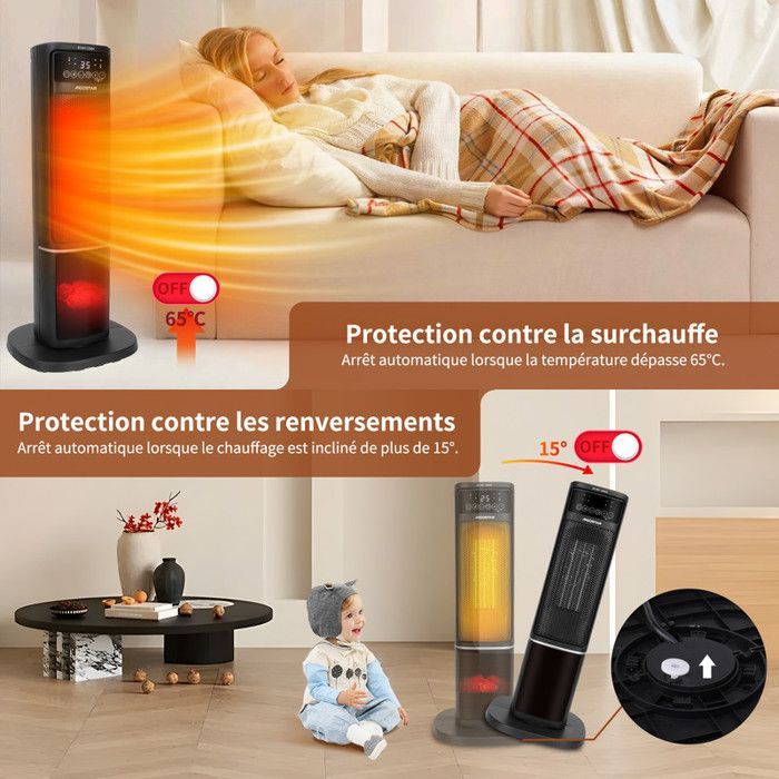 Chauffage d'appoint, 2000W, Céramique PTC, Minuterie 12h,Ultra Silencieux, Affichage LED, 5 Mode,ECO,Télécommande, Oscillation à 60°