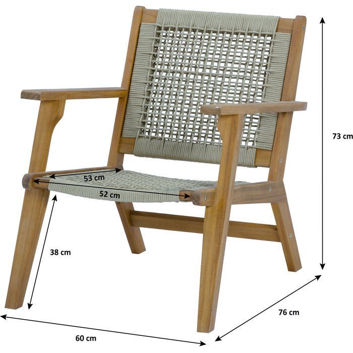 Lage tuinstoel - MERIDA - FSC-gecertificeerd acaciahout - Gevlochten touw - 60 x 76 x 73 cm - Khaki groen