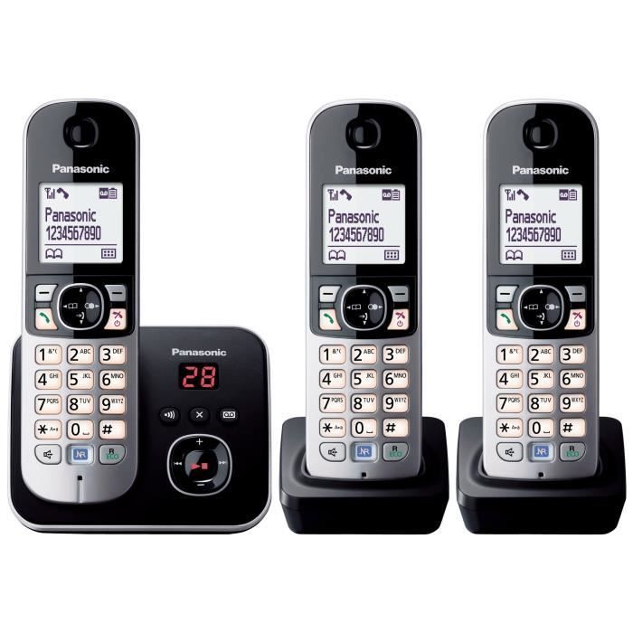 PANASONIC - KXTG6823 - Teléfono inalámbrico Trio - Función de reducción de ruido - Bloqueo selectivo de llamadas - Contestador automático - Gris y negro