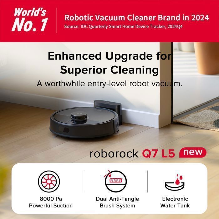 Roborock Q7 L5 Aspirador robô, 8000 Pa, sistema antiemaranhamento duplo, zona proibida inteligente, mapeamento multinível