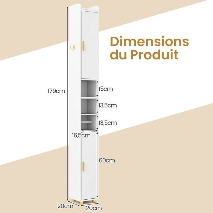 Mueble columna para baño COSTWAY de 20x20x179cm con 2 puertas y estantes ajustables, para salón, dormitorio u oficina, color blanco.