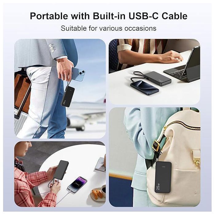 JUOVI 10000mAh 25W externt batteri, powerbank med integrerad USB-C-kabel, tvåvägs snabbladdning, LED-display, grön