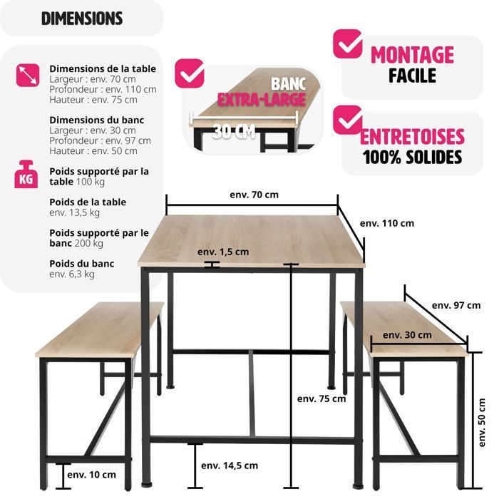 Dining table with benches - TECTAKE - BOLTON dining set with 2 sturdy benches in an industrial style - Light Wood