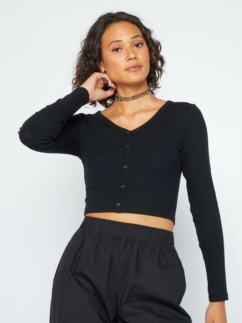 Geribbeld gebreid cropped T-shirt - Zwart