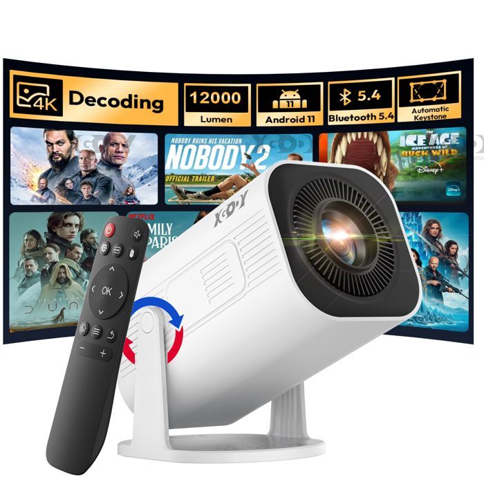 Mini proiettore portatile con supporto 4K, risoluzione HD 720P, 12000 lumen, Wi-Fi 6, Bluetooth 5.0, Android 11.0, HDMI/USB.