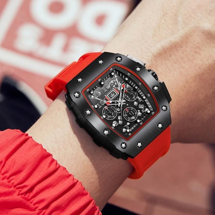 Orologio cronografo da uomo SHARPHY con quadrante tonneau luminescente e cinturino in gomma rosso acceso.
