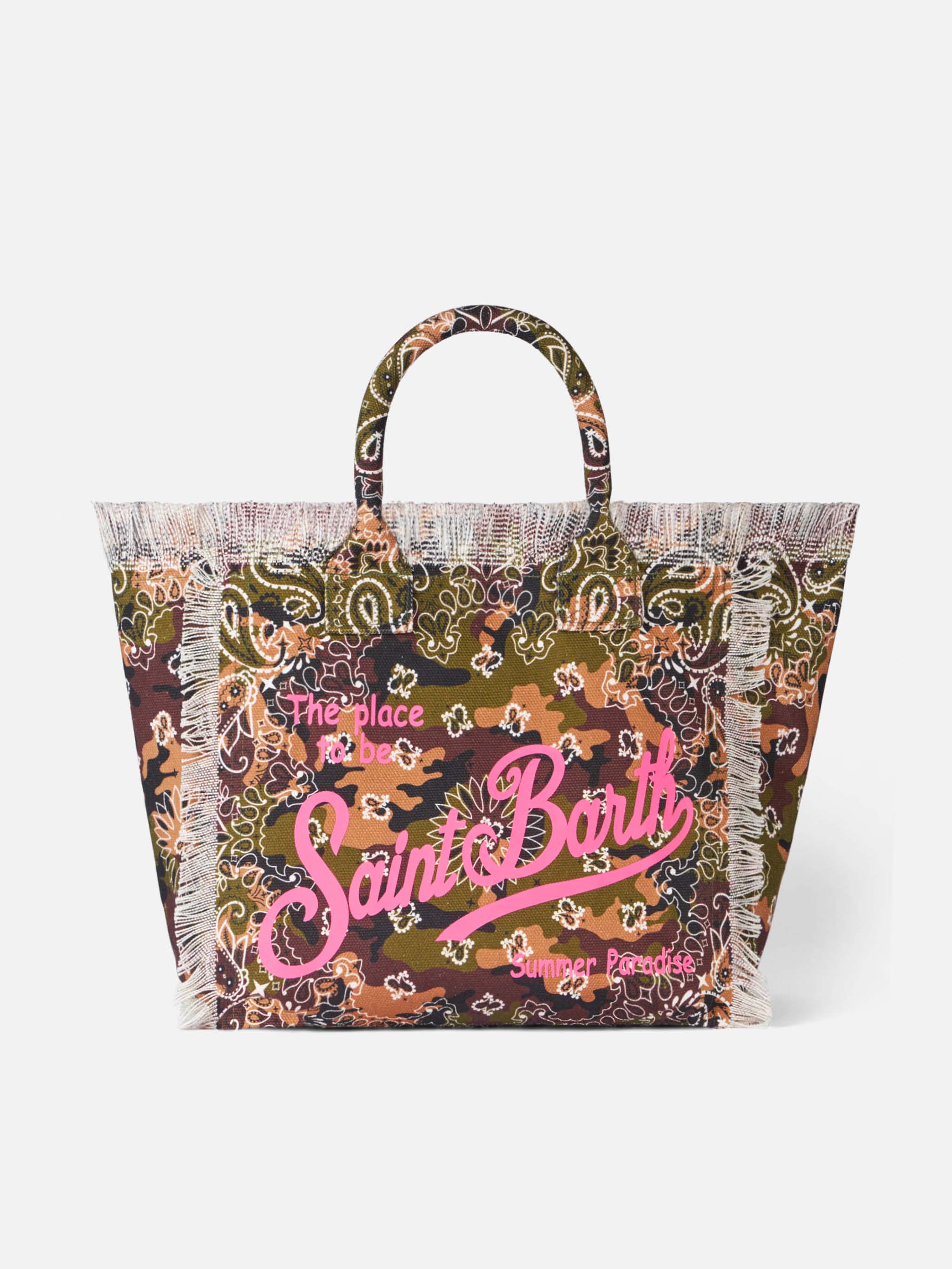 Vanity Canvas Shoulder Bag | Bandanna Camouflage Pattern | Fuchsia Saint Barth Logo Print | Inside Pocket with Zip | MC2 Saint Barth