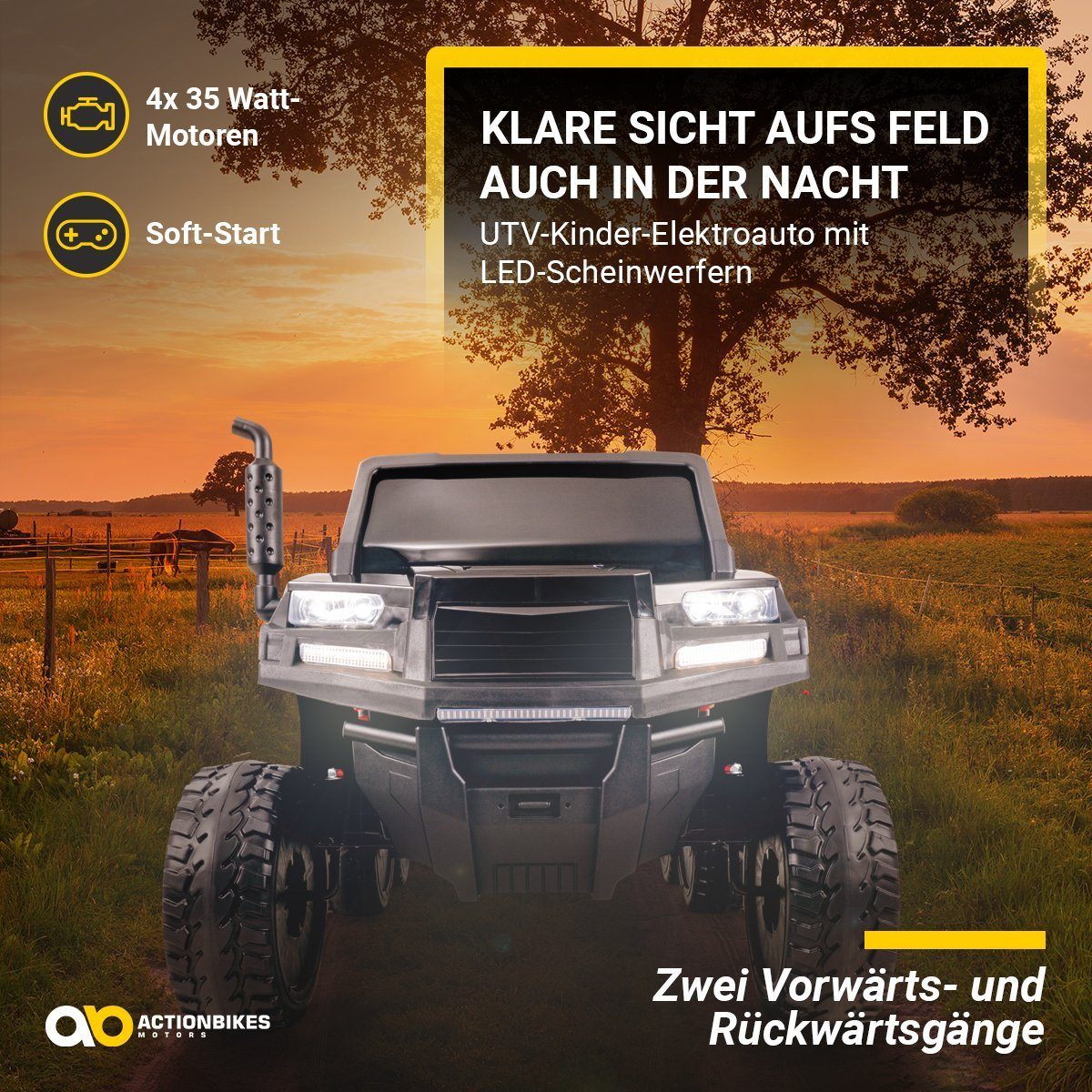 Coche eléctrico infantil Actionbikes Motors A730 UTV, capacidad de carga de 60 kg (2 piezas), con mando a distancia, USB, AUX, arranque suave y frenado automático.