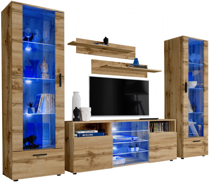 Pan Igiełka Meblościanka Blue LED Czarny Biały Dąb Wotan Zestaw Mebli