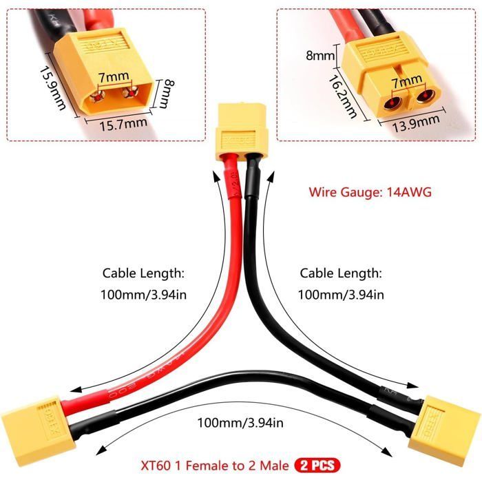 Set mit 2 XT60 Serie 2 Lipo-Adapterkabeln – Spannungsverstärkung – Stecker/Buchse – Für RC-Dynamikmodellierung