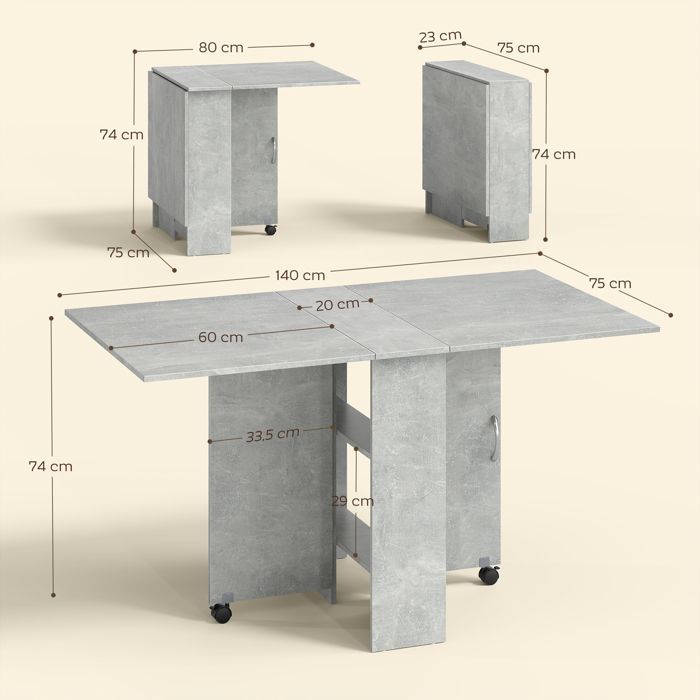 Folding table - HOMCOM - kitchen/dining room, removable on casters, 2 integrated shelves - wood - 75x140x74cm - grey