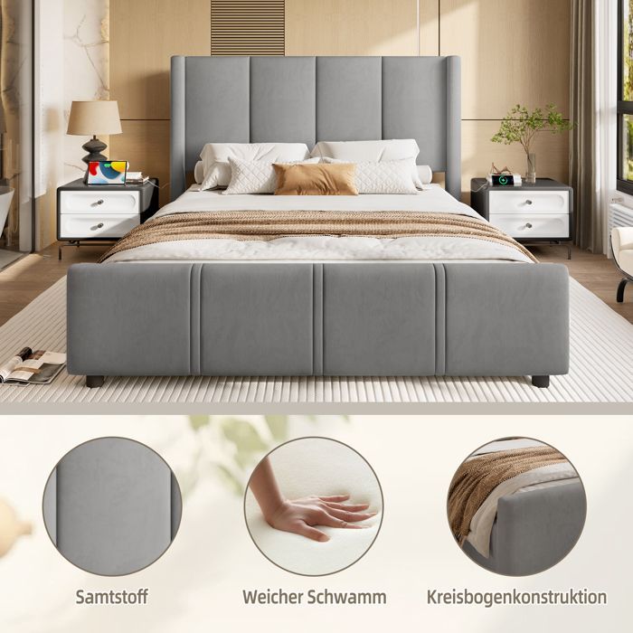 Upholstered Double Bed 160×200 cm with Wooden Slatted Base, High Headboard and Footboard and USB Port - Soft Short Velvet - Grey