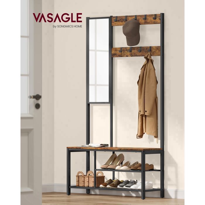 VASAGLE Hallway Furniture, Coat Rack, with Hooks, Mirror, Shoe Bench and Shelves, 36 x 98 x 185 cm, Brown and Black