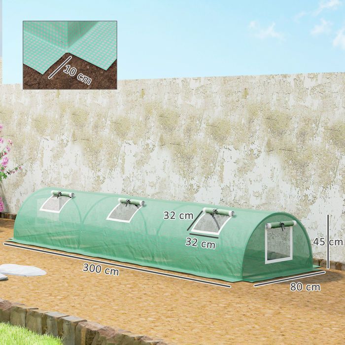 Mini invernadero de jardín - Outsunny - túnel para tomates de polietileno de alta densidad resistente a los rayos UV con 5 puertas de malla - acero - 300x80x45cm - verde