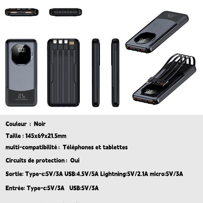 Weuiortn® 25000mAh 22,5W snelladende externe powerbank met 4 data-aansluitingen, geschikt voor alle mobiele telefoons